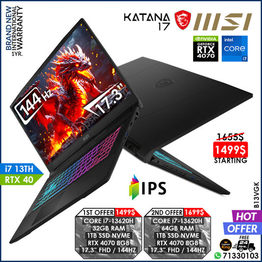 Msi Katana 17 B13VGK Core i7-13620h Rtx 4070 144hz 17.3" Gaming Laptops (Brand New)