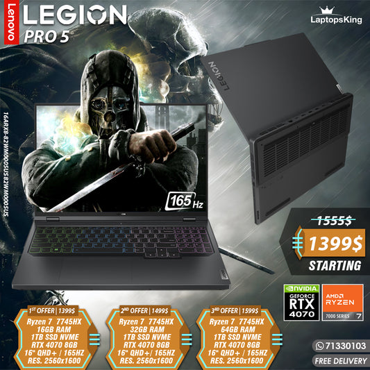 LENOVO LEGION PRO 5 16ARX8 RYZEN 7 7745HX RTX 4070 RES. 2560x1600 165HZ 16" GAMING LAPTOPS (NEW OB 1YR WARRANTY)