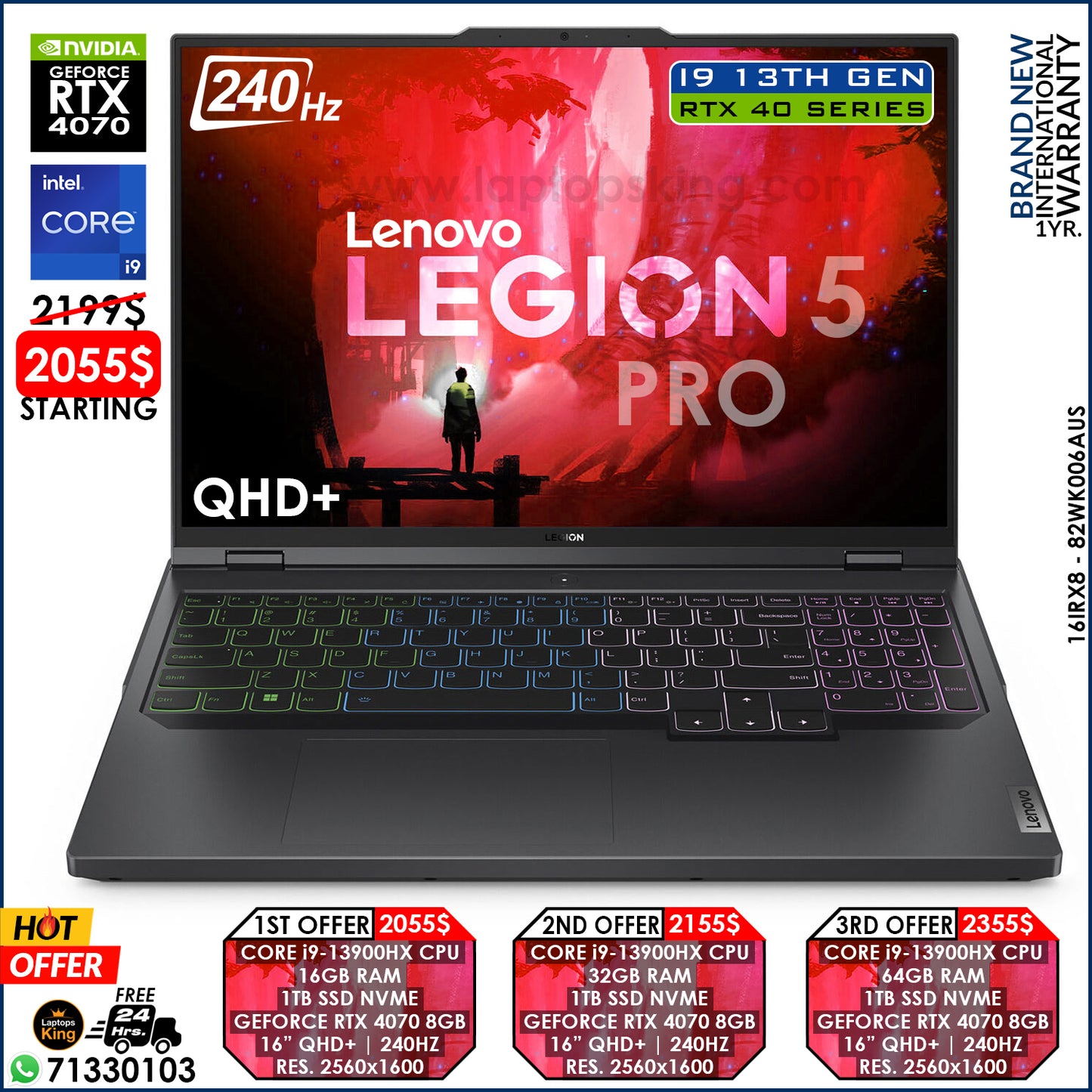 Lenovo Legion 5 Pro 16IRX8-82WK006AUS Core i9-13900hx Rtx 4070 240hz 16" Qhd+ Gaming Laptops (Brand New)
