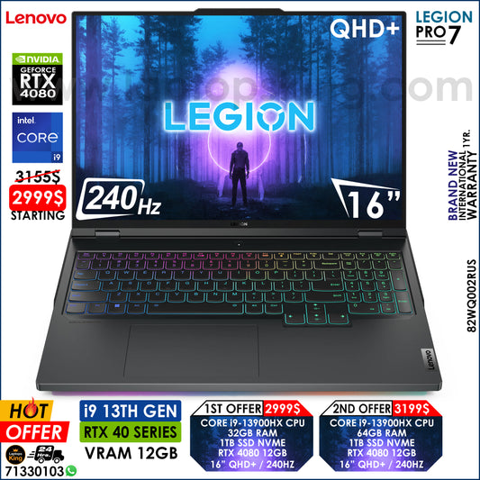 Lenovo Legion Pro 7 82WQ002RUS Core i9-13900hx Rtx 4080 240Hz 16" Qhd+ Gaming Laptops (Brand New)