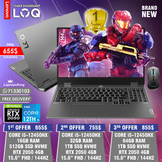 Lenovo Loq 15IAX9 83GS00GKDP Core i5-12450hx Rtx 2050 144hz 15.6” Gaming Laptops (Brand New)