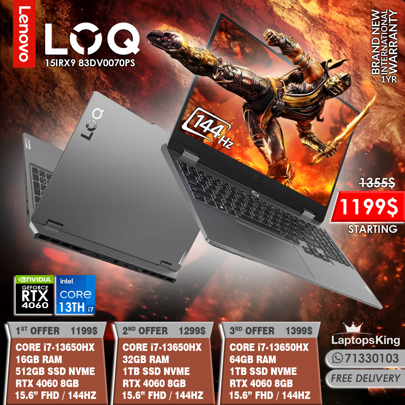 Lenovo Loq 15IRX9 83DV0070PS Core i7-13650hx Rtx 4060 144hz 15.6" Gaming Laptops (Brand New)