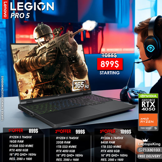 LENOVO LEGION PRO 5 16ARX8 RYZEN 5 7645HX RTX 4050 RES. 2560x1600 165HZ 16" GAMING LAPTOPS (NEW OB 1YR WARRANTY)