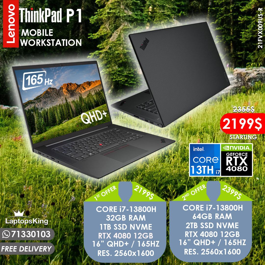 Lenovo Thinkpad P1 21FVX009US-R Core i7-13800h Rtx 4080 165hz Qhd+ Mobile Workstation Laptops (New OB)