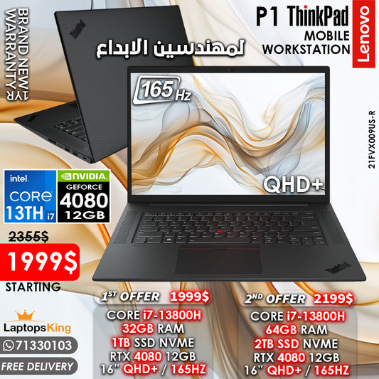 Lenovo Thinkpad P1 21FVX009US-R Core i7-13800h Rtx 4080 165hz Qhd+ Mobile Workstation Laptops (New OB)