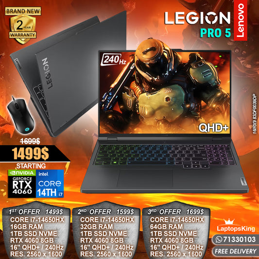 Lenovo Legion Pro 5 16IRX9 83DF0039DP Core i7-14650hx Rtx 4060 240hz Qhd+ Gaming Laptops (Brand New)