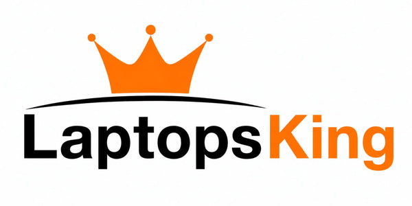 Laptops King logo with an orange crown on a white background