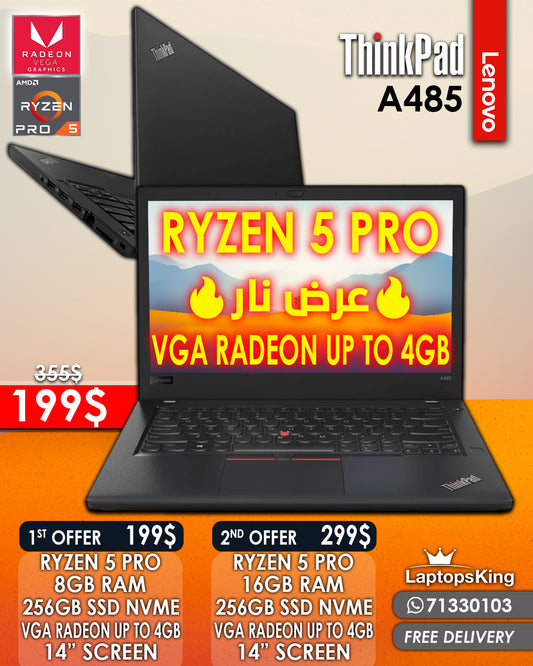 LENOVO THINKPAD A485 RYZEN 5 PRO RADEON VGA 8 GRAPHICS UP TO 4GB LAPTOP (OPEN BOX WITH WARRANTY)