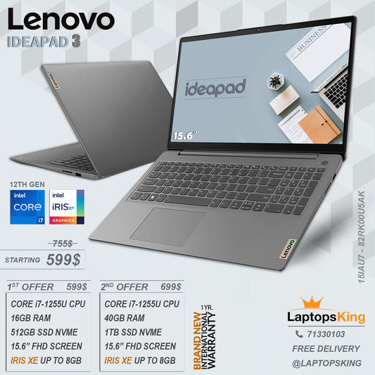 Lenovo Ideapad 3 15IAU7 - 82RK00U5AK Core i7-1255u Vga Intel Iris Xe 15.6" Laptop Offers (Brand New)