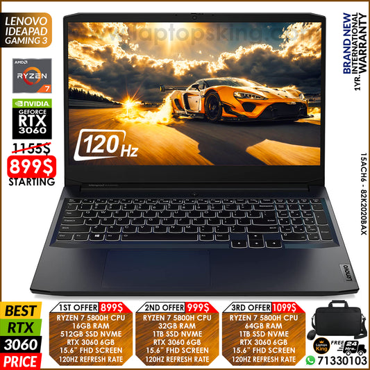 Lenovo IdeaPad Gaming 3 15ACH6 - 82K2020BAX Ryzen 7 5800h Rtx 3060 120hz Gaming Laptops (Brand New)