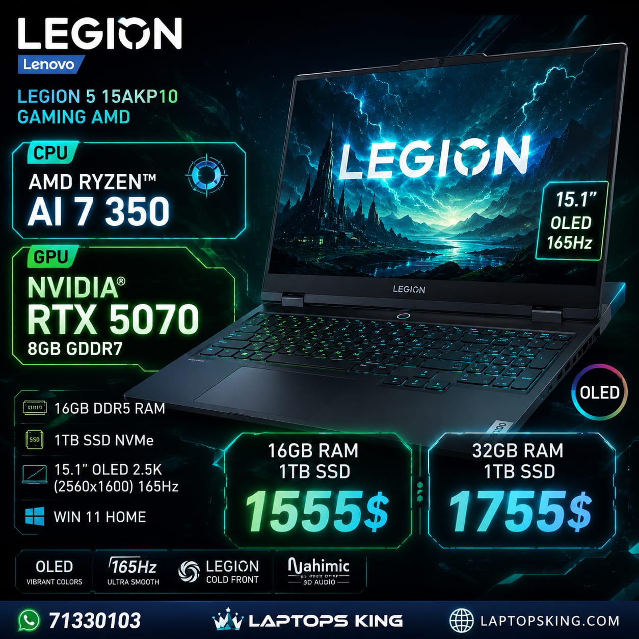 Lenovo Legion 5 15AKP10 Gaming Laptop AMD Ryzen AI 7 350 RTX 5070 8GB 1TB SSD 15.1" 2.5K OLED 165Hz (New OB)