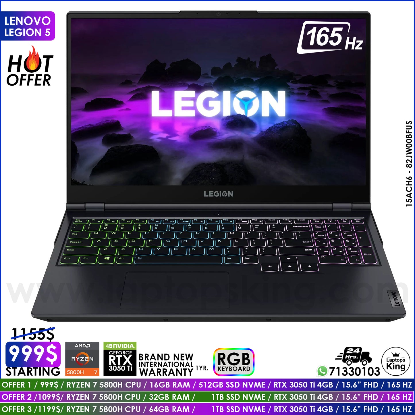 Lenovo Legion 5 15ACH6 - 82JW00BFUS Ryzen 7 5800h Rtx 3050 Ti 165Hz Gaming Laptops (Brand New)