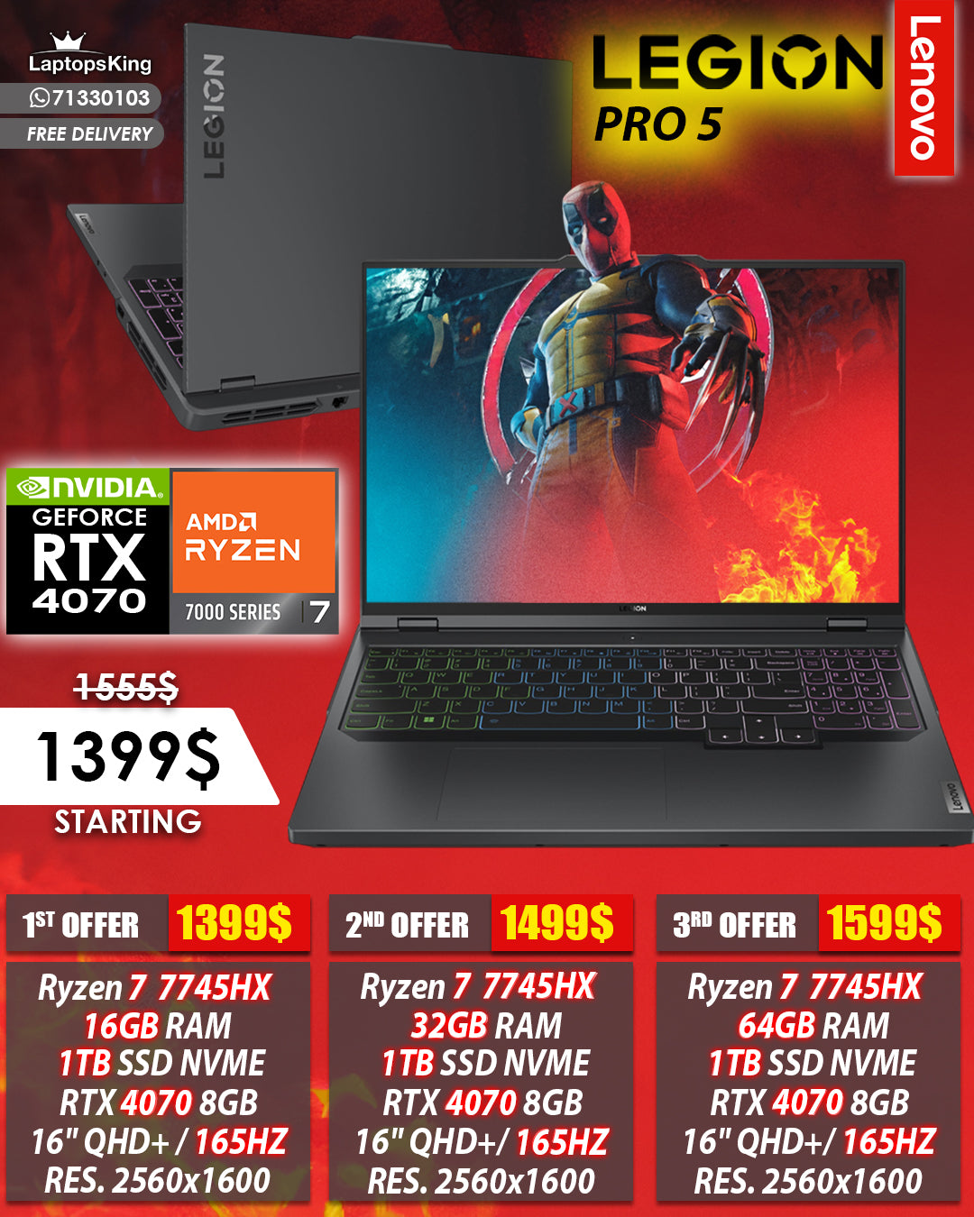 LENOVO LEGION PRO 5 16ARX8 RYZEN 7 7745HX RTX 4070 RES. 2560x1600 165HZ 16" GAMING LAPTOPS (NEW OB 1YR WARRANTY)