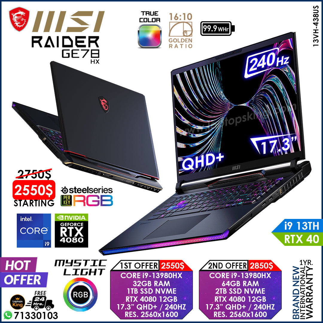 Msi Raider GE78 HX 13VH-438US Core i9-13980hx Rtx 4080 17.3" 240hz Qhd+ Rgb Gaming Laptop Offers (Brand New)