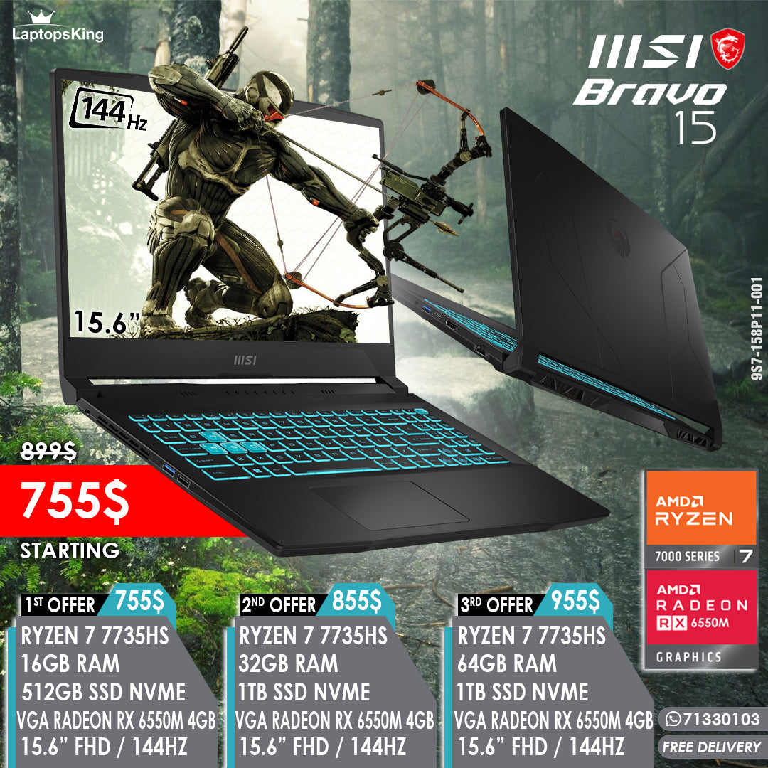 Msi Bravo 15 9S7-158P11-001 Ryzen 7 7735hs Vga Radeon Rx 6550m 144hz 15.6” Gaming Laptops (New OB)