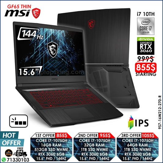 Msi GF65 Thin 9S7-16W212-270-R Core i7-10750h Rtx 3060 144hz Gaming Laptop Offers (New OB)