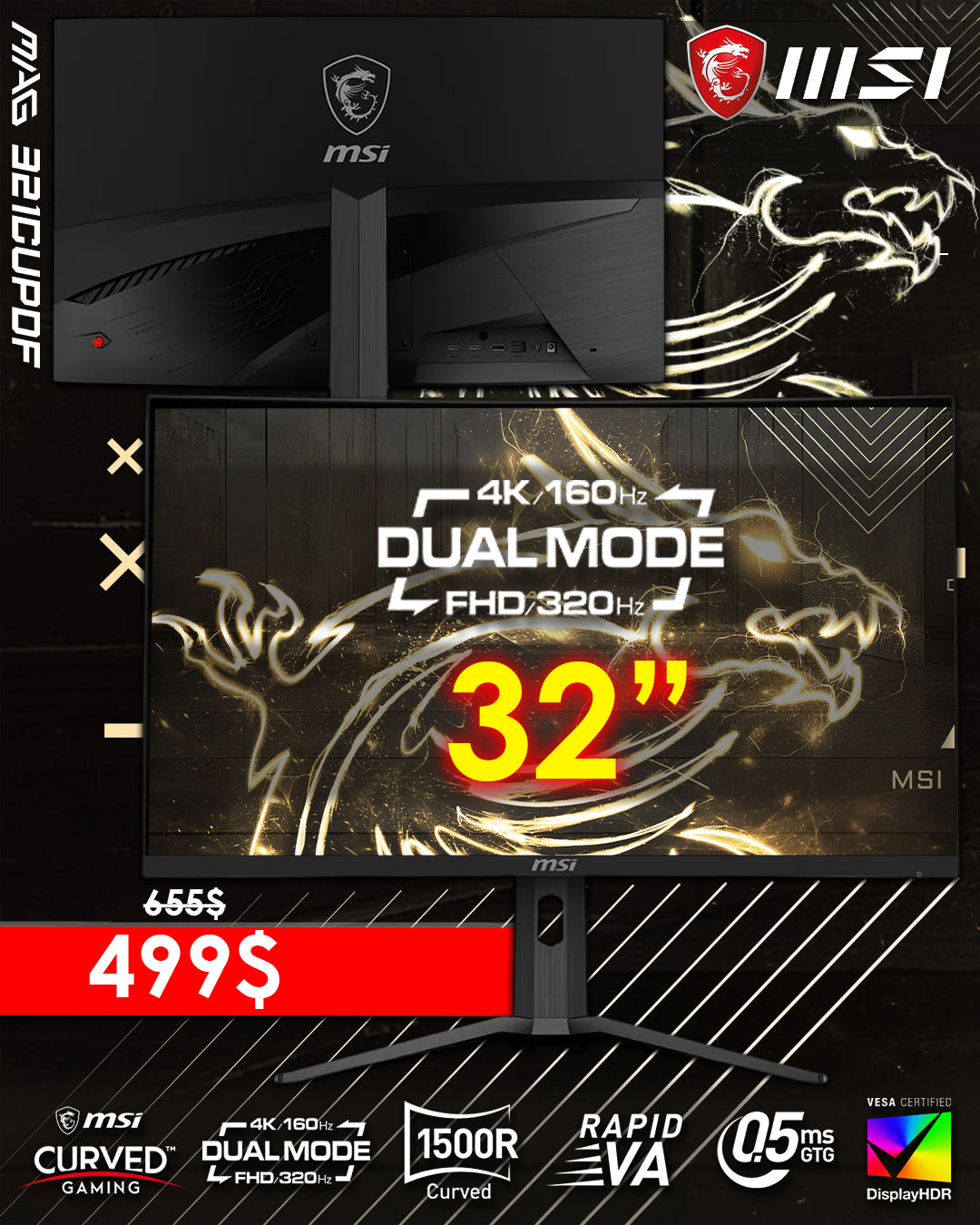 MSI 321CUPDF 32" Dual Mode 4K 160Hz / FHD 320Hz Curved Monitor (New)