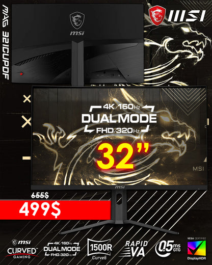 MSI 321CUPDF 32" Dual Mode 4K 160Hz / FHD 320Hz Curved Monitor (New)