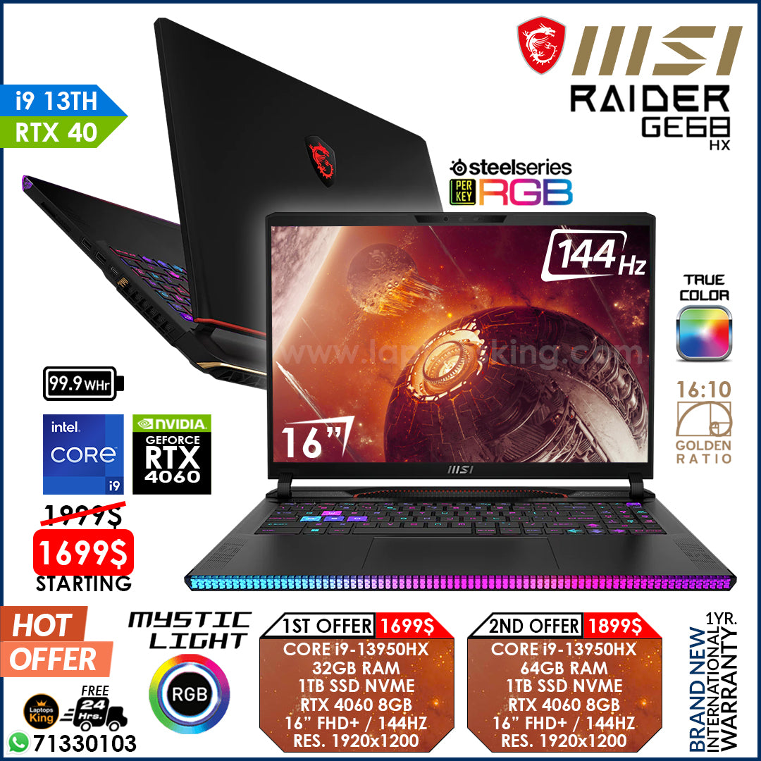 Msi Raider GE68 HX Steelseries Core i9-13950hx Rtx 4060 144hz 16" Fhd+ True Color Gaming Laptop Offers (Brand New)