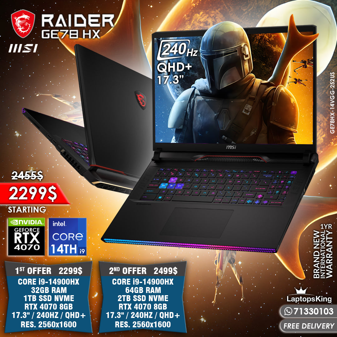 Msi Raider GE78 HX 14VGG-252US Core i9-14900hx Rtx 4070 240hz Qhd+ 17.3” Gaming Laptops (Brand New)