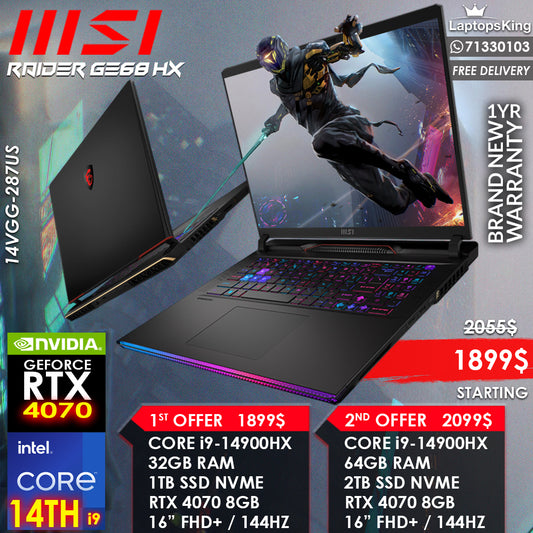 MSI RAIDER GE68 HX CORE i9-14900HX  RTX 4070 144HZ 16”  FHD+ GAMING LAPTOPS (BRAND NEW)