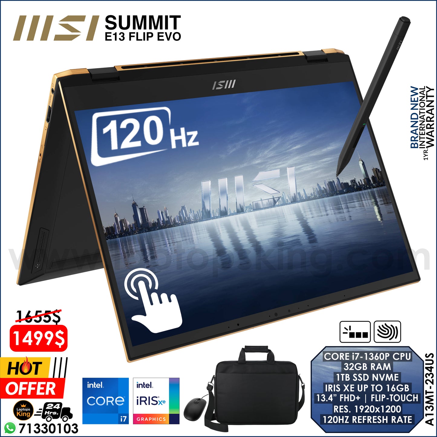 Msi Summit E13 Flip Evo A13MT-234US Core i7-1360p VGA Iris Xe 120hz 2in1 Touch Laptop (Brand New)