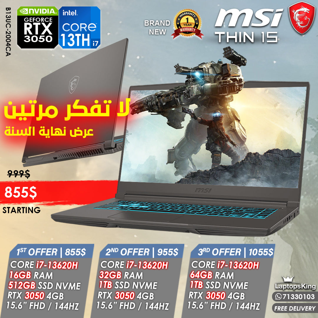 Msi Thin 15 B13UC-2004CA Core i7-13620h Rtx 3050 144hz 15.6" Gaming Laptops (Brand New)