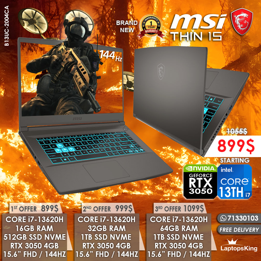 Msi Thin 15 B13UC-2004CA Core i7-13620h Rtx 3050 144hz 15.6" Gaming Laptops (Brand New)