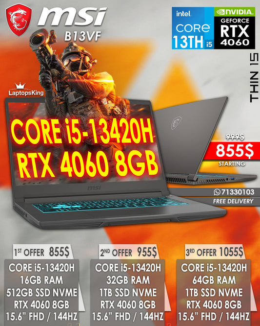MSI THIN 15 B13V CORE i5-13420H RTX 4060 15.6” IPS 144HZ GAMING LAPTOPS (BRAND NEW 1YR WARRANTY)