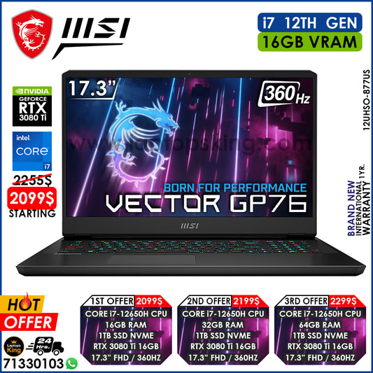 Msi Vector Gp76 12UHSO-877US Steelseries Core i7-12650h Rtx 3080 Ti 360hz Gaming Laptops (Brand New)