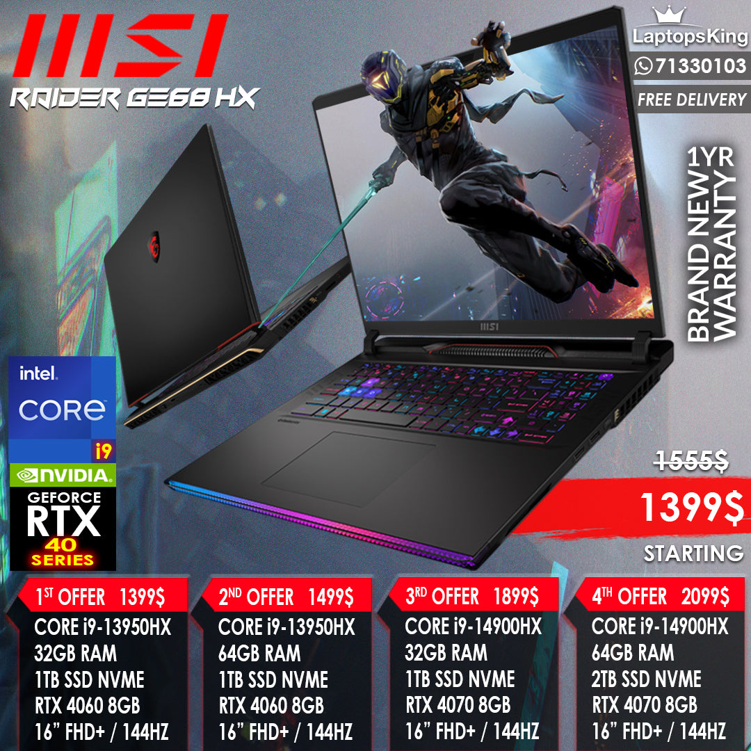 MSI RAIDER GE68 HX CORE i9  RTX 40 SERIES 144HZ 16”  FHD+ GAMING LAPTOPS OFFERS (BRAND NEW)