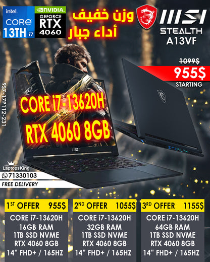 MSI STEALTH A13VF 9S7-17P112-231 CORE i7-13620H RTX 4060 14" FHD+ 165HZ GAMING LAPTOP (BRAND NEW  1YR WARRANTY)