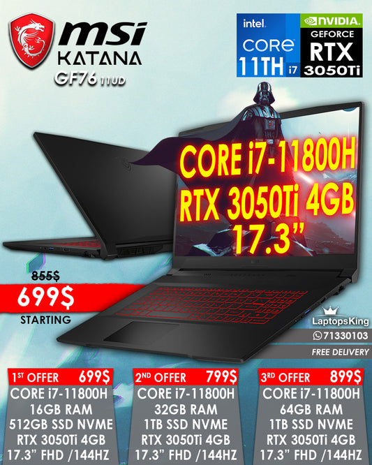 Msi Katana GF76 | 11UD Core i7-11800h Rtx 3050 Ti 144hz 17.3" Gaming Laptop Offers (OPEN BOX WITH WARRANTY)