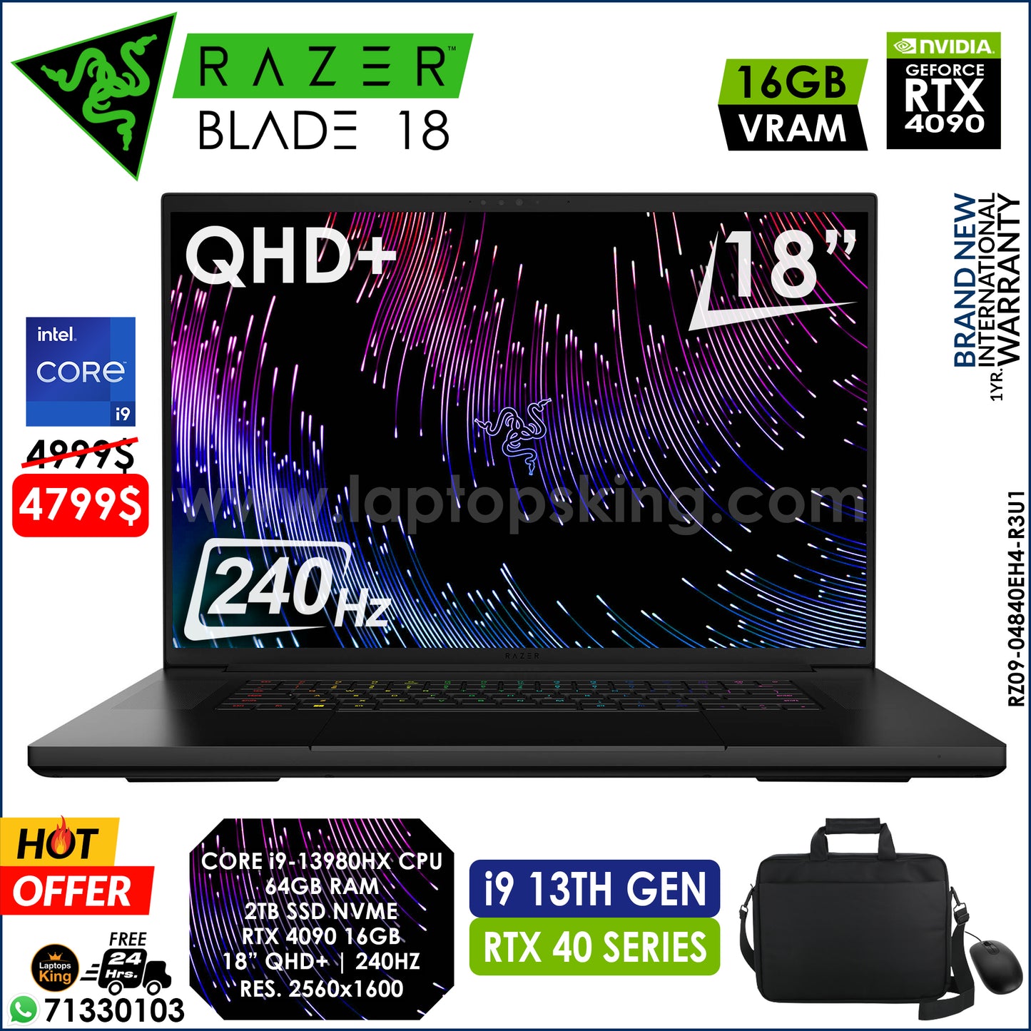 Razer Blade 18 RZ09-04840EH4-R3U1 Core i9-13980hx Rtx 4090 240hz Qhd+ Gaming Laptop (Brand New)