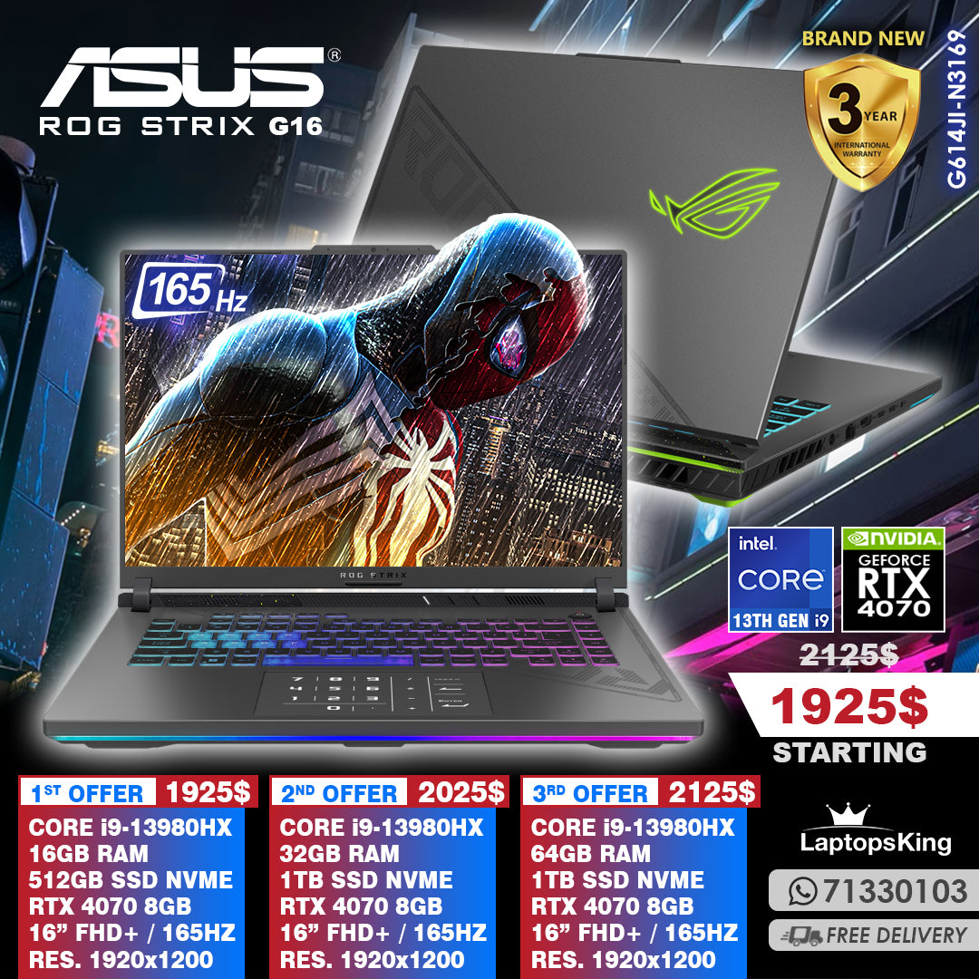 Asus Rog Strix G16 G614JI-N3169 Core i9-13980hx Rtx 4070 165hz 16" Gaming Laptops (Brand New)