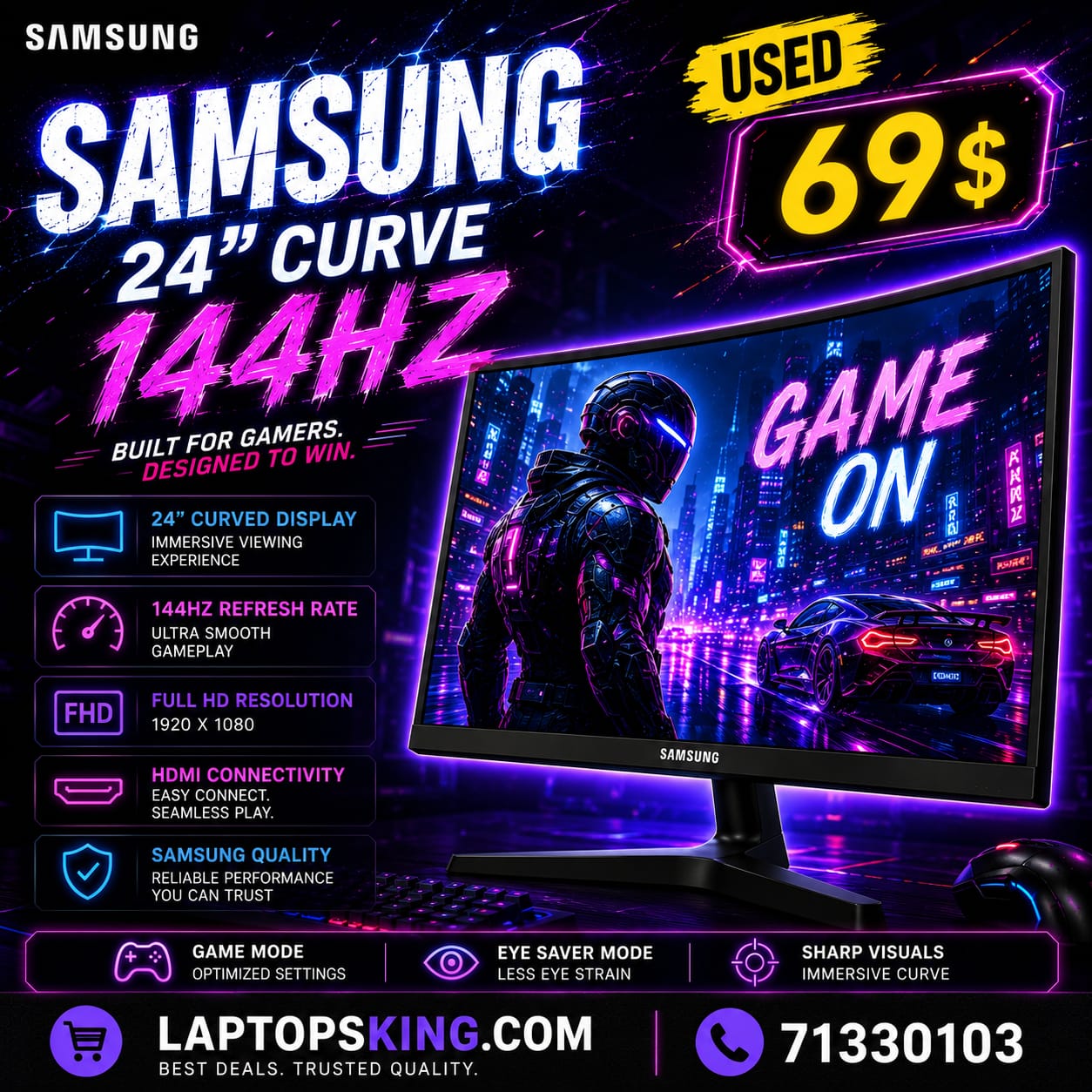 Samsung Curved FHD 144Hz Gaming Monitor 24" (Used)