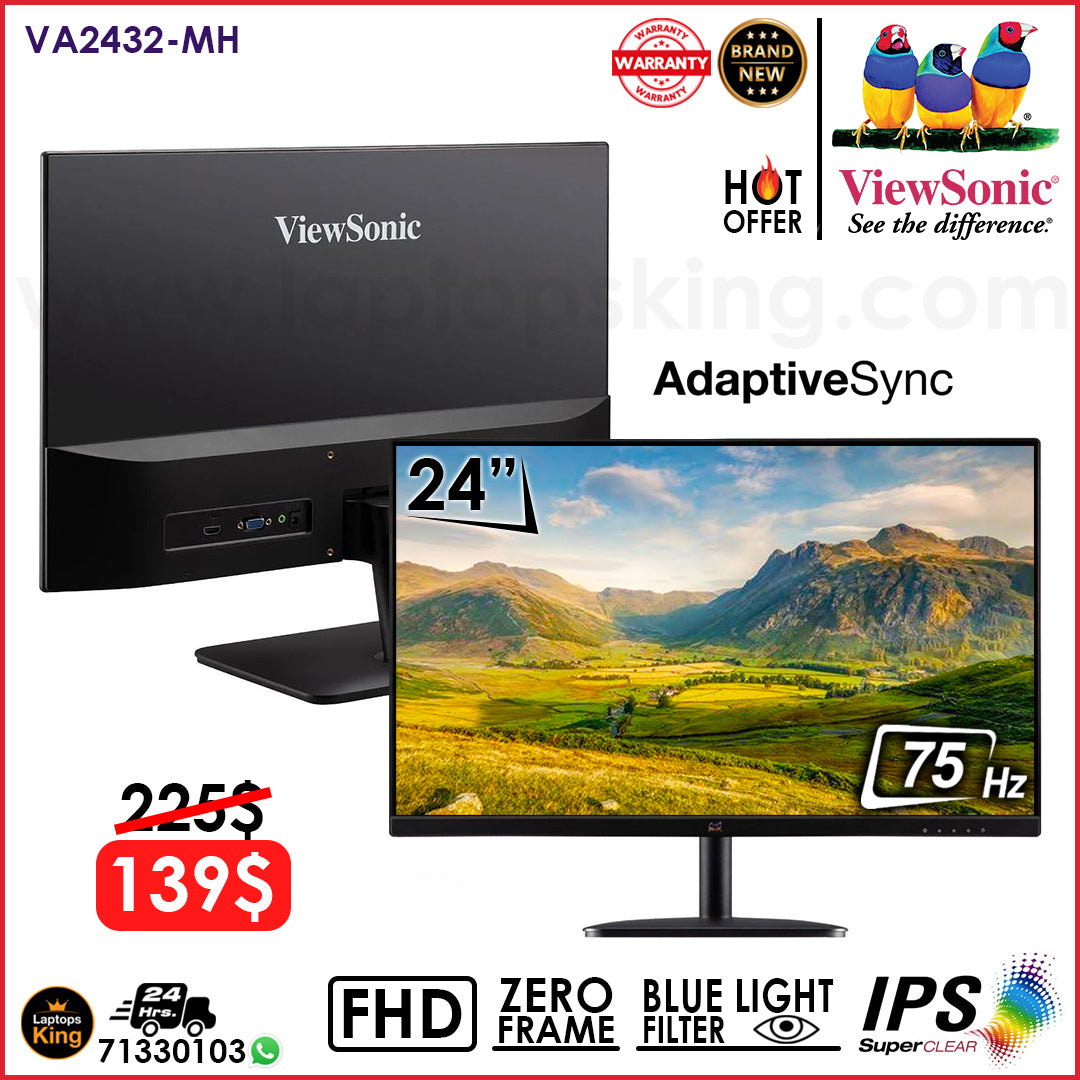 ViewSonic VA2432-MH 24" IPS Fhd 75hz Zero Frame Blue Light Filter Monitor (Brand New)