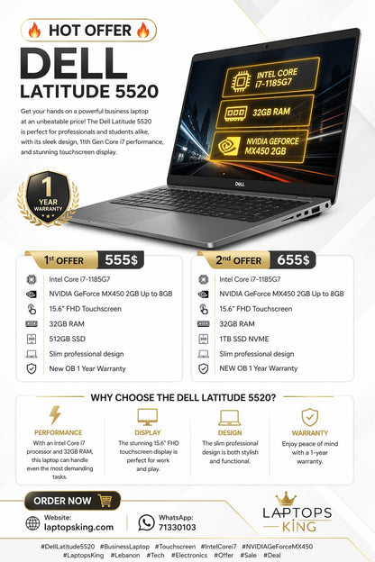 Dell Latitude 5520 Intel Core i7-1185G7 15.6" FHD Touchscreen MX450 Laptop (New OB)