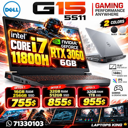 Dell G15 5511 15.6 FHD IPS 144Hz Intel Core i7 11800H RTX 3060 6GB Configurable RAM SSD Laptop (Open Box)
