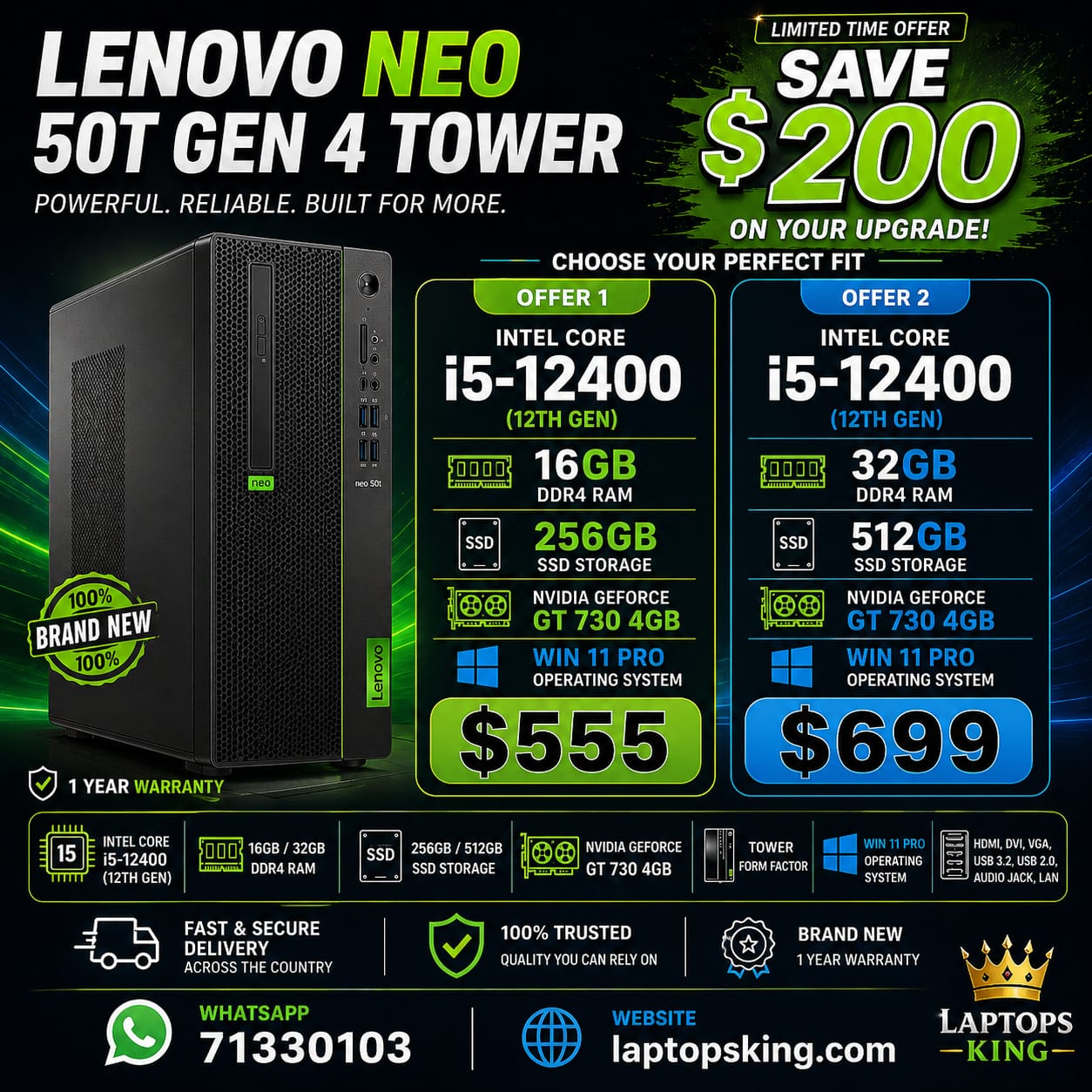 Lenovo Neo 50t Gen 4 Desktop i5-12400 GT 730 4GB (New)