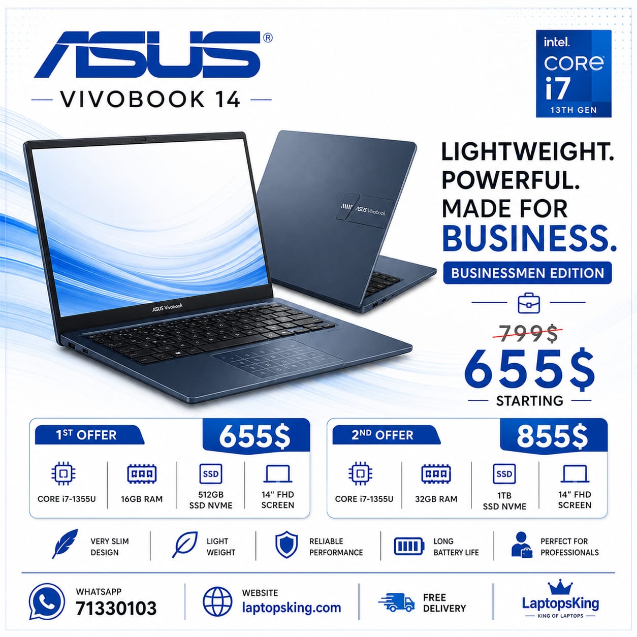 Asus Vivobook 14 Core i7-1355U 14-inch FHD Laptop (New)