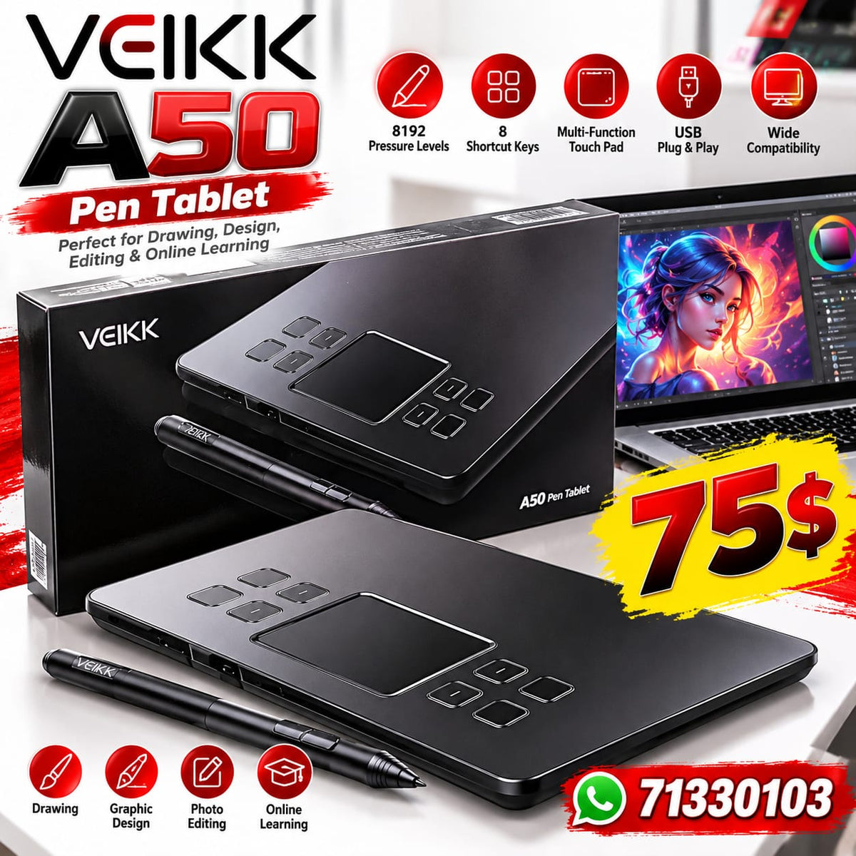 VEIKK A50 Drawing Tablet with Pen (New)