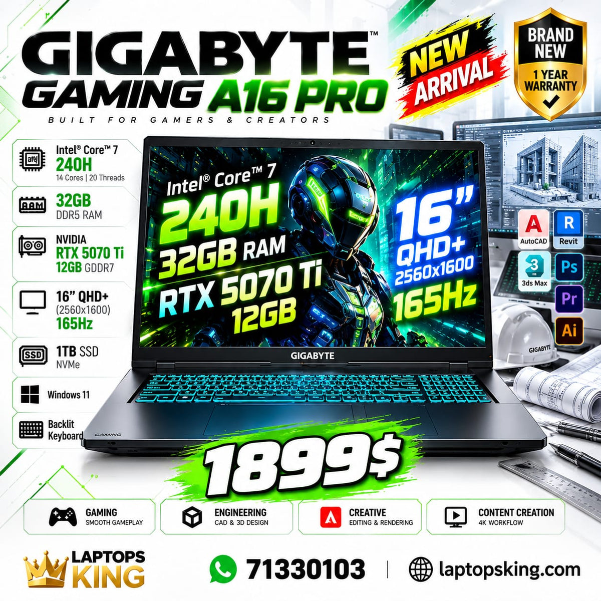 Gigabyte Gaming A16 Pro 16 QHD+ 165Hz Intel Core 7 240H 32GB RAM 1TB SSD RTX 5070 Ti 12GB Laptop (New)