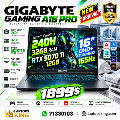 Gigabyte Gaming A16 Pro 16 QHD+ 165Hz Intel Core 7 240H 32GB RAM 1TB SSD RTX 5070 Ti 12GB Laptop (New)