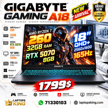 Gigabyte Gaming A18 18 QHD+ 165Hz AMD Ryzen 7 260 32GB RAM 1TB SSD RTX 5070 8GB Laptop (New)
