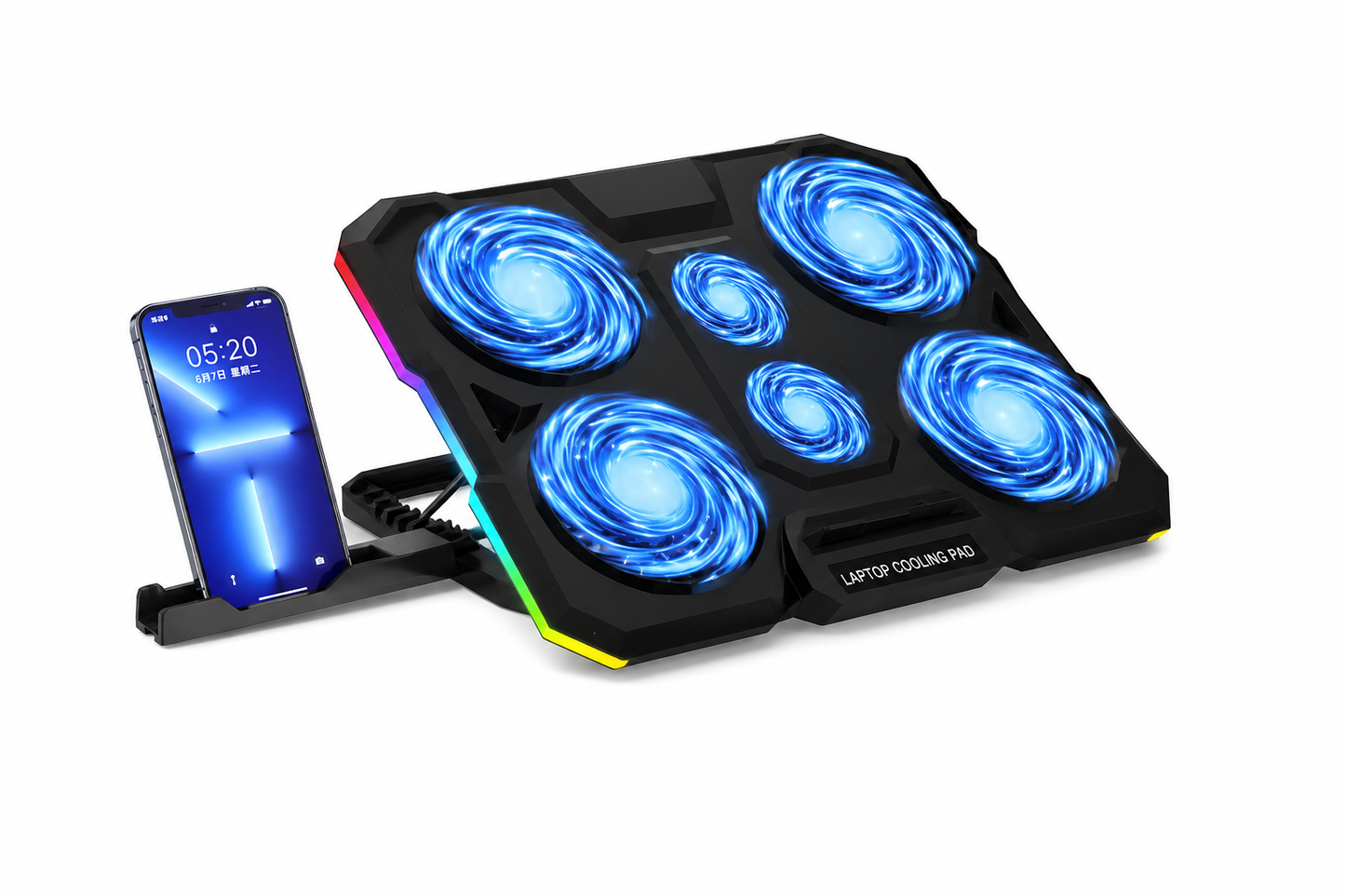 CP260 Gaming Laptop Cooling Pad 6 Blue LED Fans RGB Breathing Lighting Phone Holder Adjustable Stand (New)