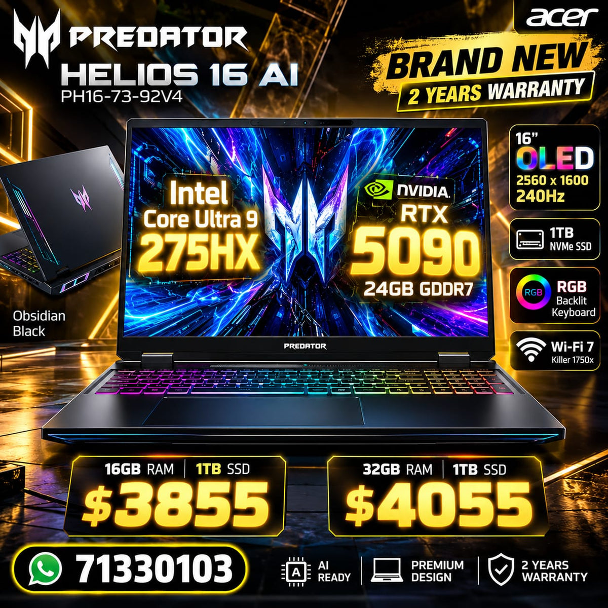 Acer Predator Helios 16 AI 16 OLED 240Hz Intel Core Ultra 9 275HX RTX 5090 24GB Configurable RAM 1TB SSD Obsidian Black PH16-73-92V4 (New)