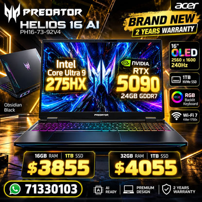 Acer Predator Helios 16 AI 16 OLED 240Hz Intel Core Ultra 9 275HX RTX 5090 24GB Configurable RAM 1TB SSD Obsidian Black PH16-73-92V4 (New)