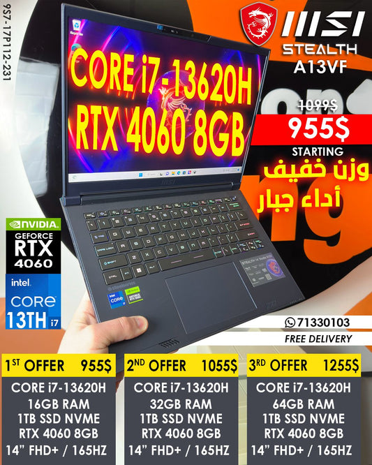 MSI STEALTH A13VF GAMING LAPTOPS  CORE i7-13620H CPU GEFORCE RTX 4060 8GB  TX 4060 + 14” 144HZ (BRAND NEW)