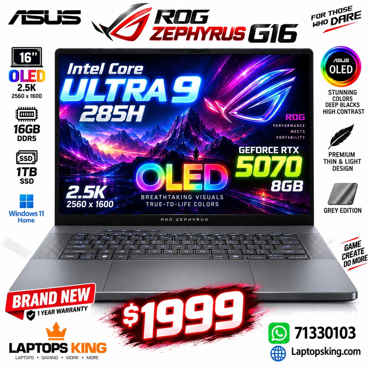 ASUS ROG Zephyrus G16 Laptop Intel Core Ultra 9 285H NVIDIA GeForce RTX 5070 8GB 16GB RAM 1TB NVMe 16" 2.5K OLED (New)